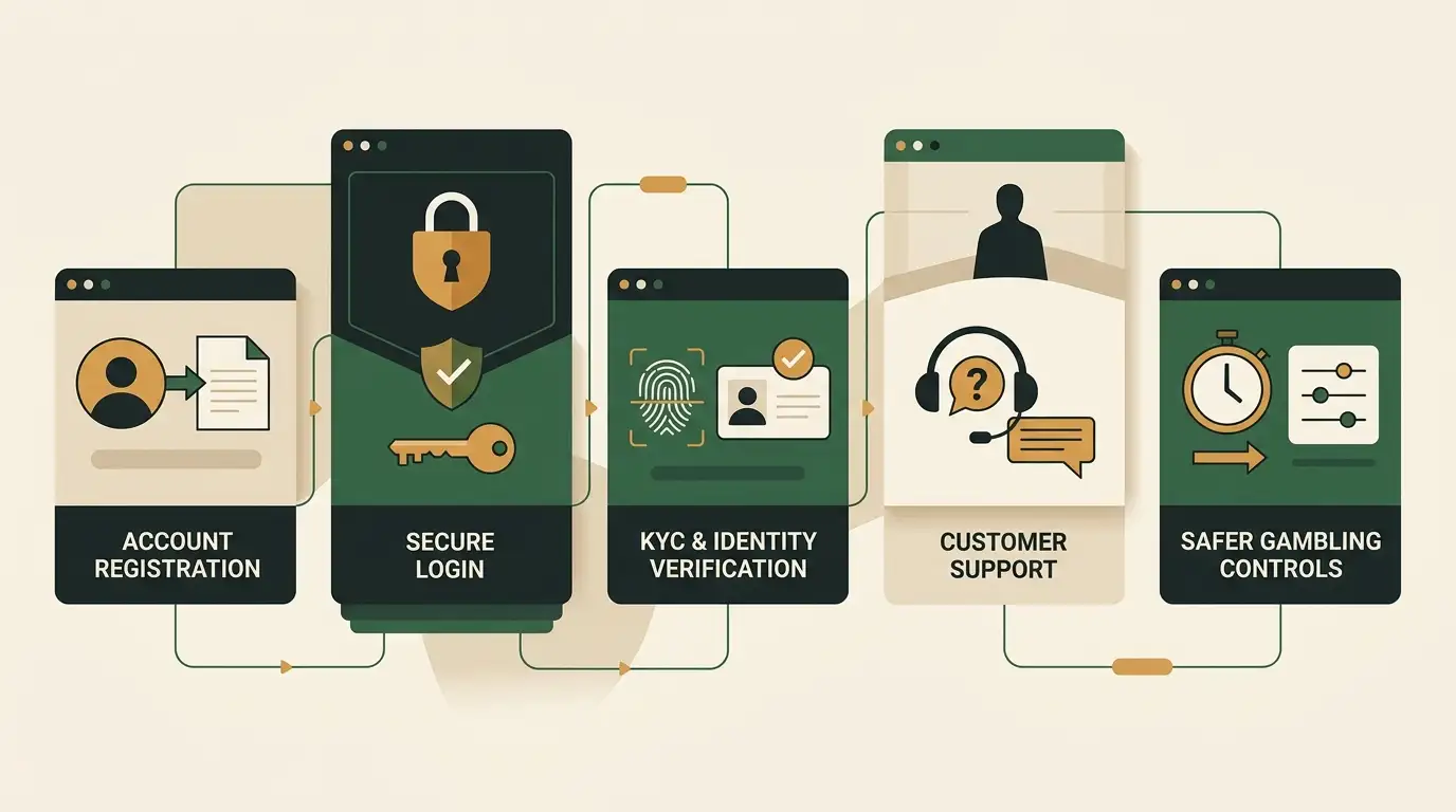 Editorial illustration of a personal online account lifecycle with registration, security, verification and support stages