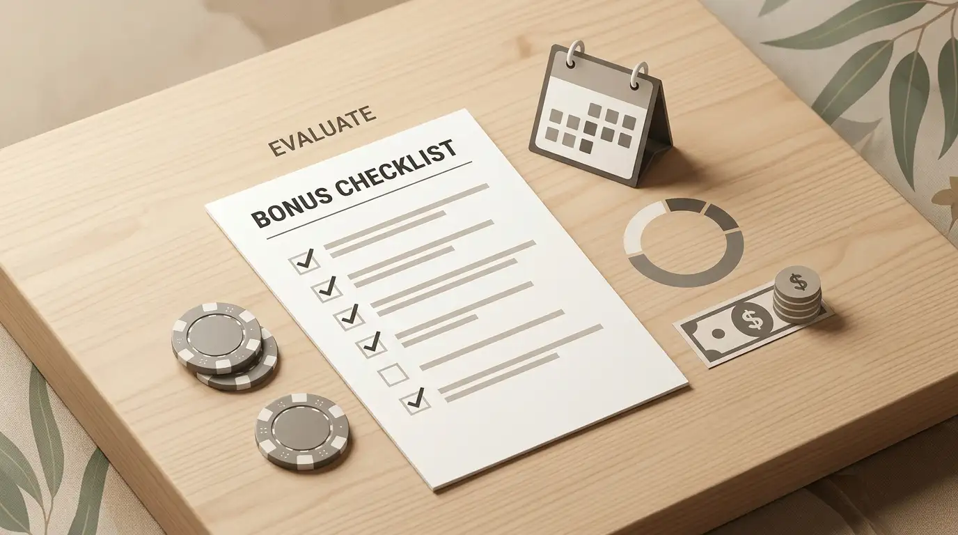 Editorial illustration of an Australian dollar bonus checklist with casino chips and terms icons