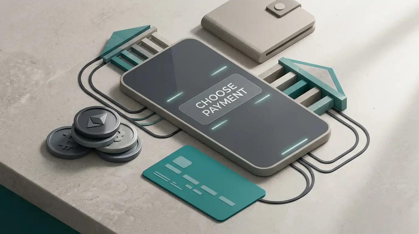 Editorial illustration of generic card, bank transfer, e-wallet and cryptocurrency payment concepts
