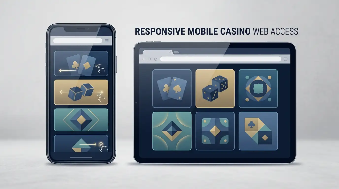 Editorial illustration of a smartphone and tablet showing generic responsive gaming tiles in a browser