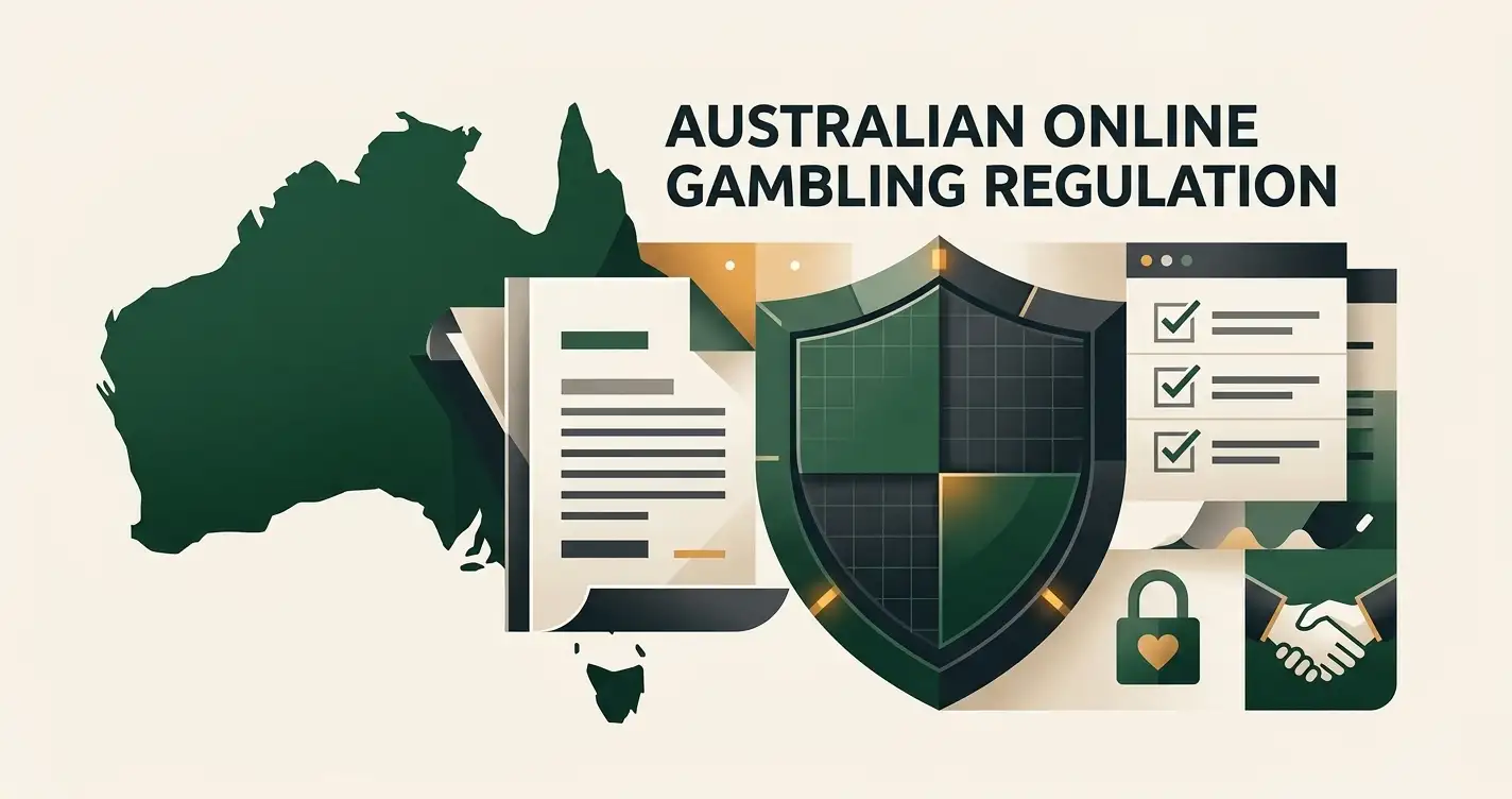 Editorial illustration of Australian online gambling regulation with legal documents, network blocking and consumer protection symbols