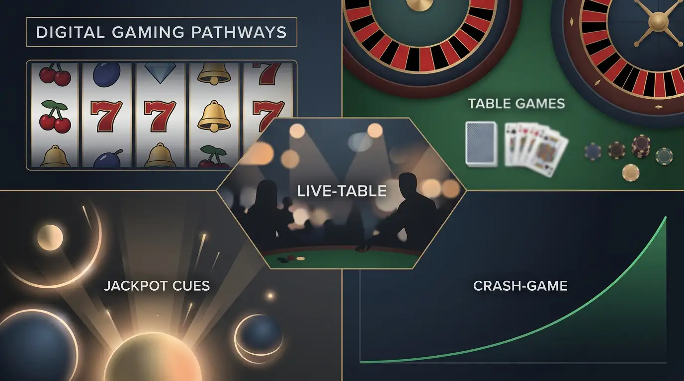 Editorial illustration of generic pokies reels, live table cards, jackpot and crash game symbols