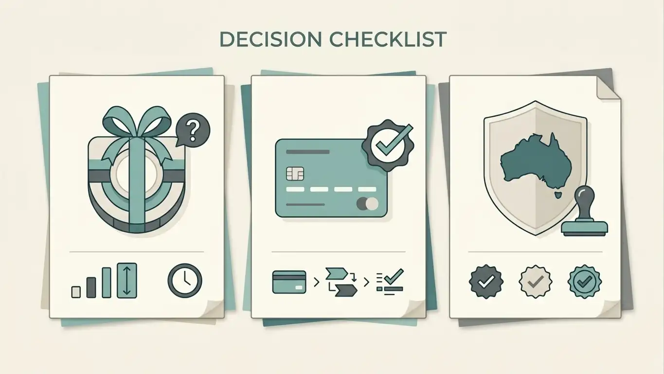 Editorial checklist illustration for bonuses, withdrawals and Australian regulatory checks